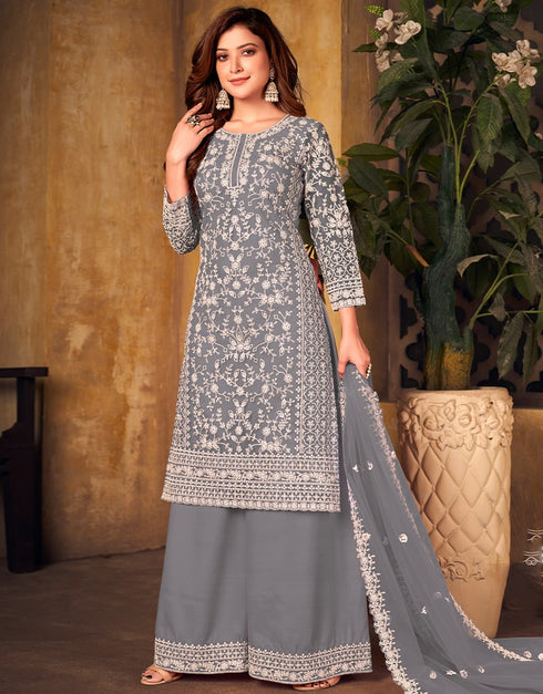 Grey Heavy Net Palazzo Suit Closure View