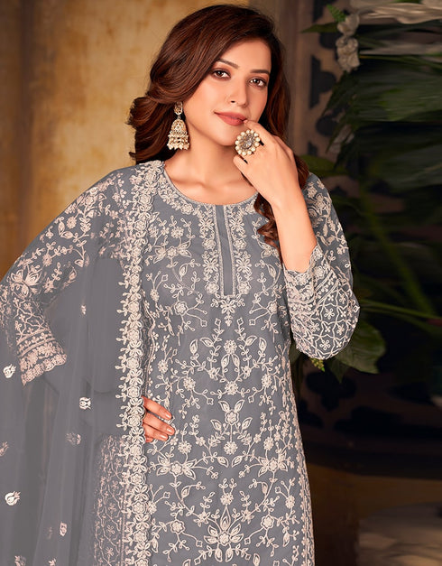 Grey Heavy Net Palazzo Suit Back View