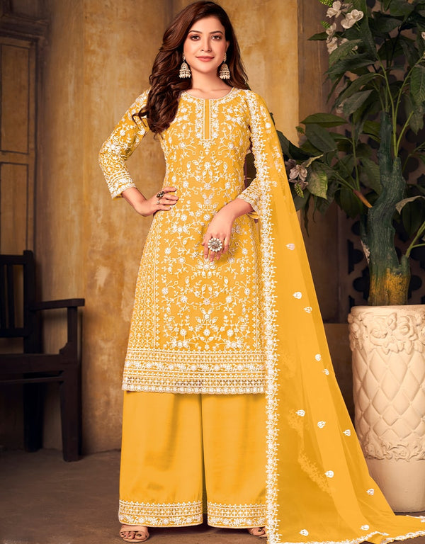 Yellow Heavy Net Palazzo Suit