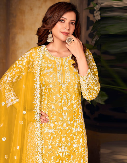 Yellow Heavy Net Palazzo Suit Back View