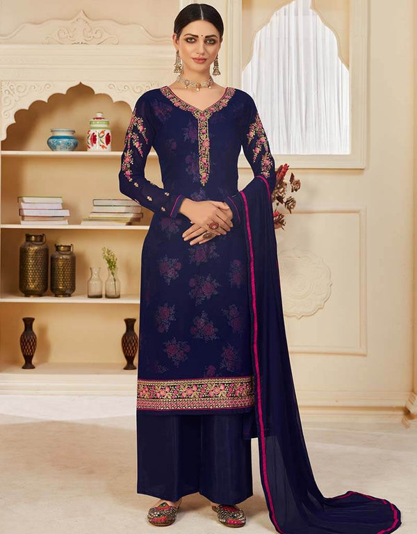 Blue Palazzo style Suit Georgette Salwar Kameez in Digital Print Embroidery, Stone & Lace Work