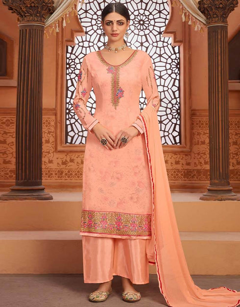 Peach Palazzo style Suit Georgette Salwar Kameez in Digital Print Embroidery, Stone & Lace Work