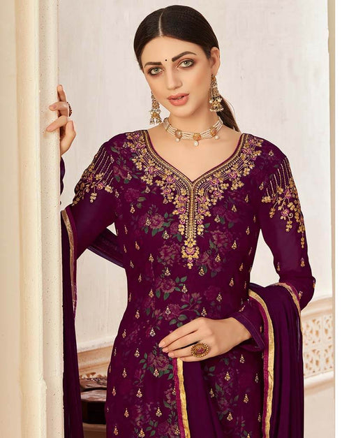 Purple Palazzo style Suit Georgette Salwar Kameez in Digital Print Embroidery, Stone & Lace Work Closure View