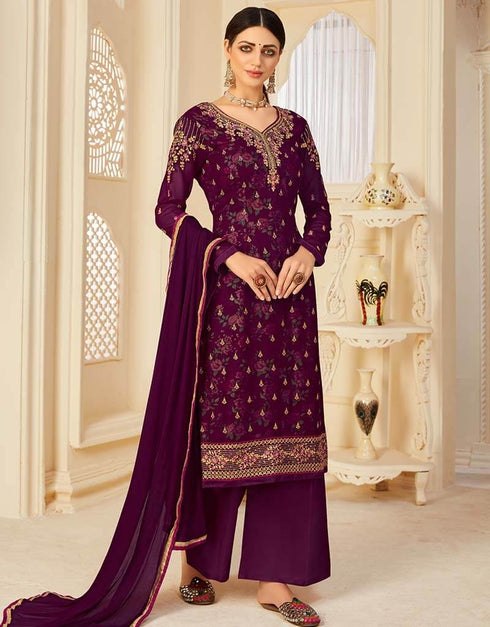 Purple Palazzo style Suit Georgette Salwar Kameez in Digital Print Embroidery, Stone & Lace Work