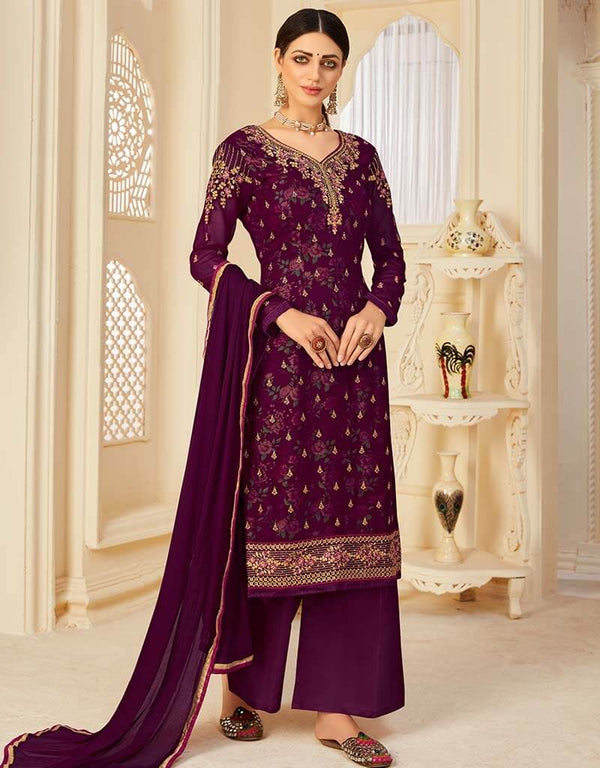 Purple Palazzo style Suit Georgette Salwar Kameez in Digital Print Embroidery, Stone & Lace Work