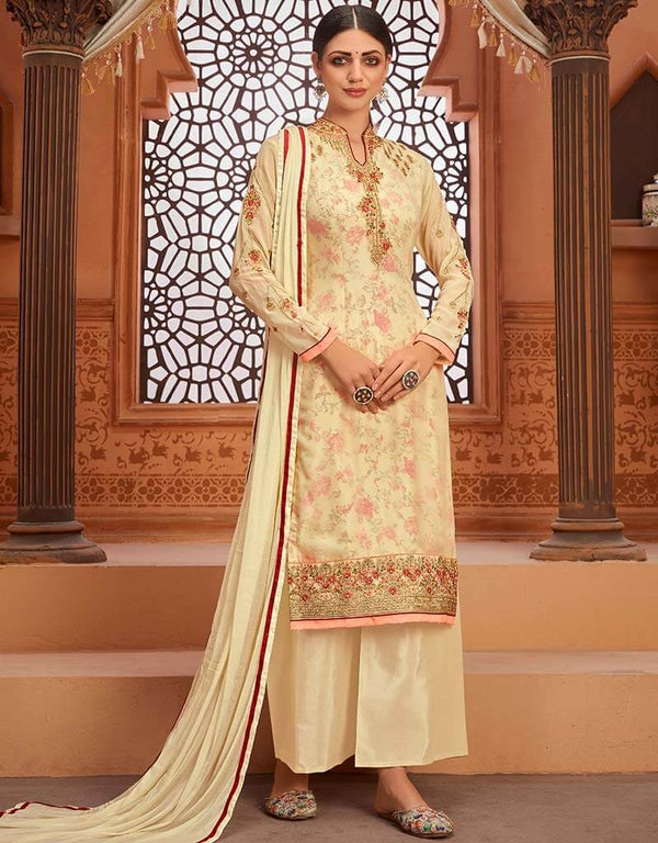 Cream Palazzo style Suit Georgette Salwar Kameez in Digital Print Embroidery, Stone & Lace Work