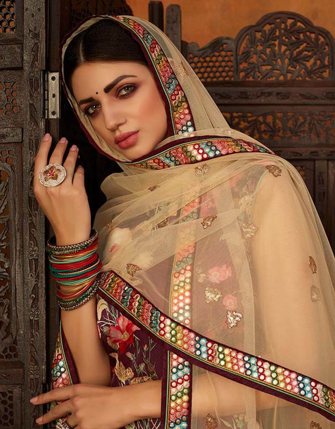 Purple Palazzo style Suit Japan Satin Salwar Kameez in Digital Print Embroidery, Stone & Lace Work Closure View