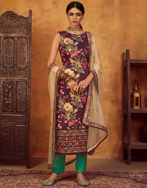 Purple Palazzo style Suit Japan Satin Salwar Kameez in Digital Print Embroidery, Stone & Lace Work