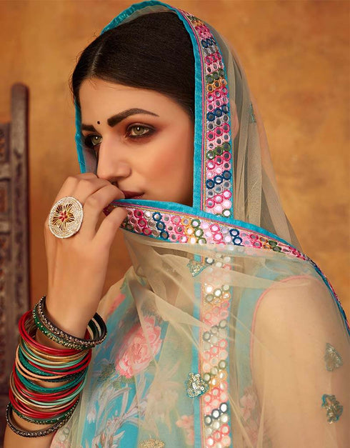 Sky Blue Palazzo style Suit Japan Satin Salwar Kameez in Digital Print Embroidery, Stone & Lace Work Closure View