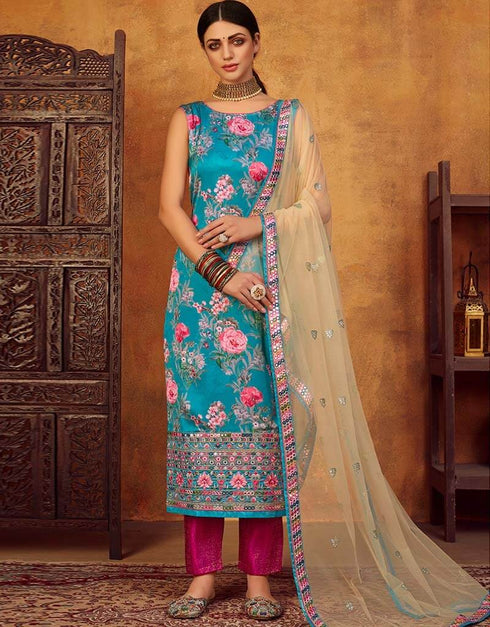 Sky Blue Palazzo style Suit Japan Satin Salwar Kameez in Digital Print Embroidery, Stone & Lace Work