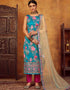 Sky Blue Palazzo style Suit Japan Satin Salwar Kameez in Digital Print Embroidery, Stone & Lace Work