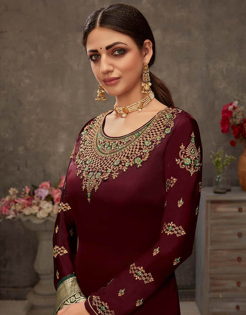 Maroon Palazzo style Suit Japan Satin Salwar Kameez in Embroidery, Stone & Lace Work Closure View