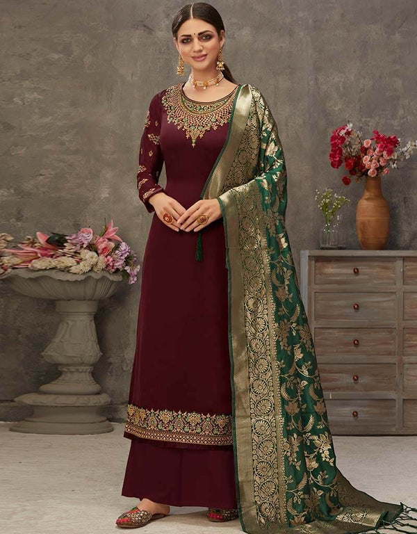 Maroon Palazzo style Suit Japan Satin Salwar Kameez in Embroidery, Stone & Lace Work