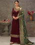 Maroon Palazzo style Suit Japan Satin Salwar Kameez in Embroidery, Stone & Lace Work