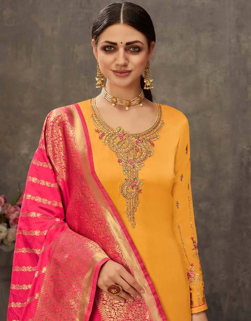 Yellow Palazzo style Suit Japan Satin Salwar Kameez in Embroidery, Stone & Lace Work Closure View