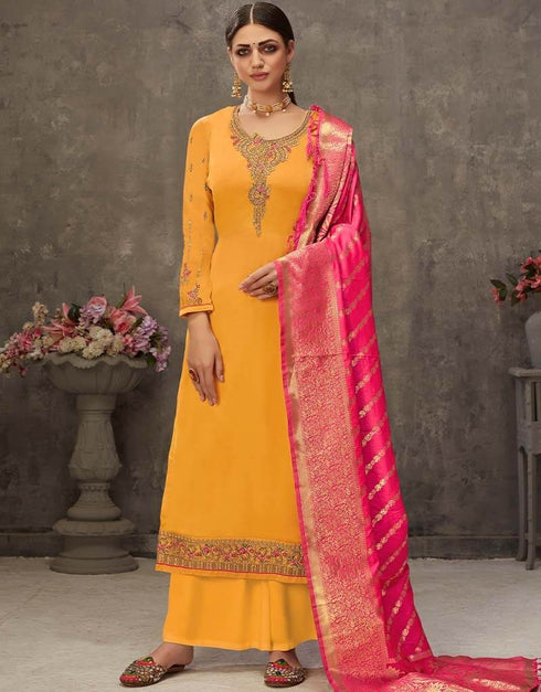 Yellow Palazzo style Suit Japan Satin Salwar Kameez in Embroidery, Stone & Lace Work