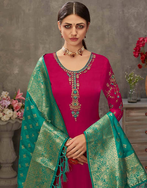 Pink Palazzo style Suit Japan Satin Salwar Kameez in Embroidery, Stone & Lace Work Closure View