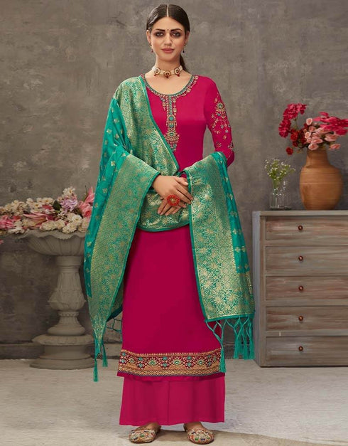 Pink Palazzo style Suit Japan Satin Salwar Kameez in Embroidery, Stone & Lace Work