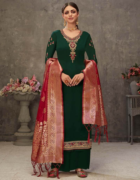 Green Palazzo style Suit Japan Satin Salwar Kameez in Embroidery, Stone & Lace Work