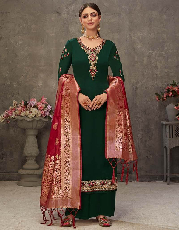 Green Palazzo style Suit Japan Satin Salwar Kameez in Embroidery, Stone & Lace Work