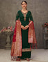 Green Palazzo style Suit Japan Satin Salwar Kameez in Embroidery, Stone & Lace Work