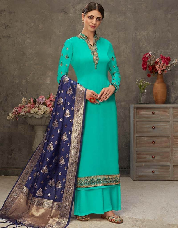 Sky Blue Palazzo style Suit Japan Satin Salwar Kameez in Embroidery, Stone & Lace Work