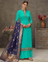 Sky Blue Palazzo style Suit Japan Satin Salwar Kameez in Embroidery, Stone & Lace Work