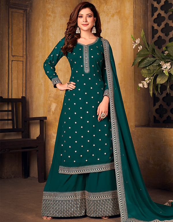 Bottle Green Faux Georgette Palazzo Suit
