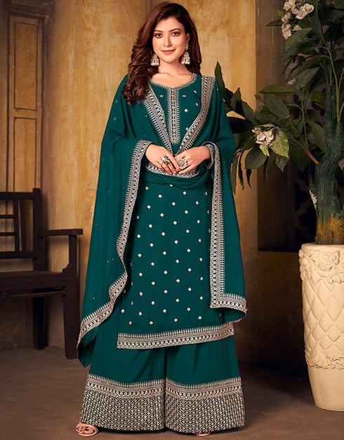 Bottle Green Faux Georgette Palazzo Suit Closure View