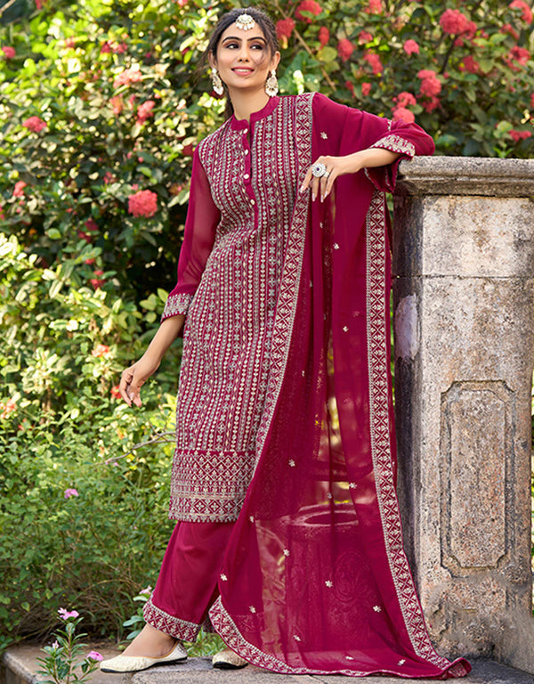 chic maroon glory silk designer party wear readymade salwar suit with maroon santool ie-27-2712 Front View