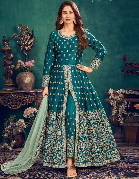 Teal Green Art Silk Pant Suit