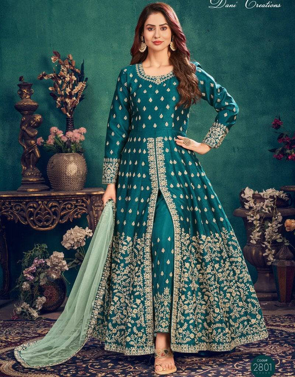 Teal Blue Anarkali style Suits Art Silk