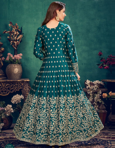 Teal Green Art Silk Pant Suit Back View