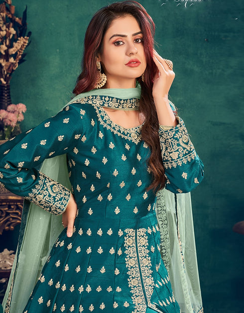 Teal Green Art Silk Pant Suit Salwar Kameez