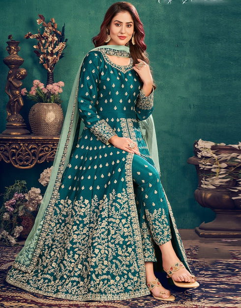 Teal Green Art Silk Pant Suit Closure View