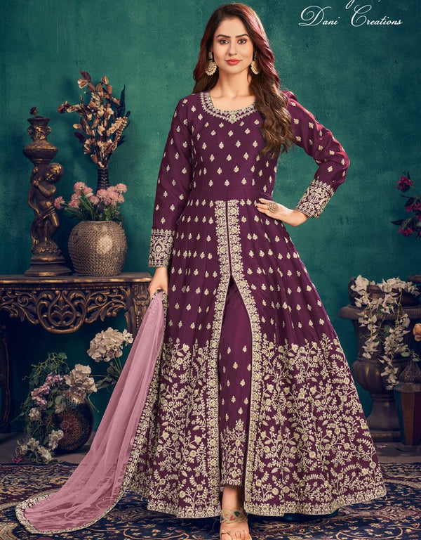 Dark Purple Anarkali style Suits Art Silk Salwar Kameez in Embroidery, Stone and Lace Work
