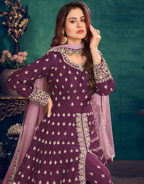 Purple Art Silk Pant Suit Salwar Kameez