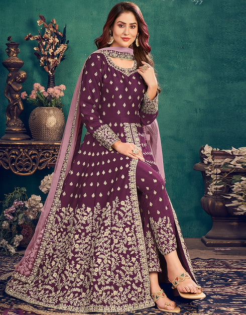 Purple Art Silk Pant Suit Closure View