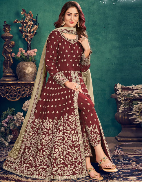 Brown Art Silk Pant Suit Closure View