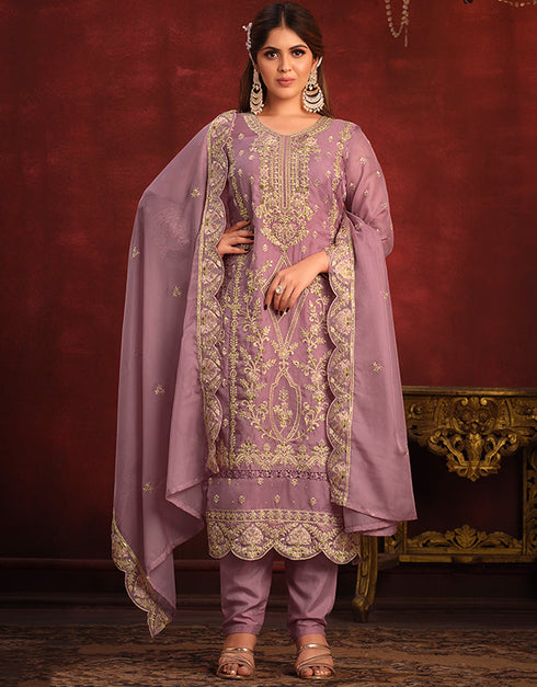 Traditional Party Wear Viscose Organza Salwar Suit Lipstick Pink Viscose Organza Pant Straight Back View