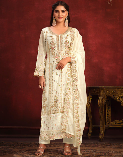Traditional Party Wear Viscose Organza Salwar Suit White Rock Viscose Organza Pant Straight Front View