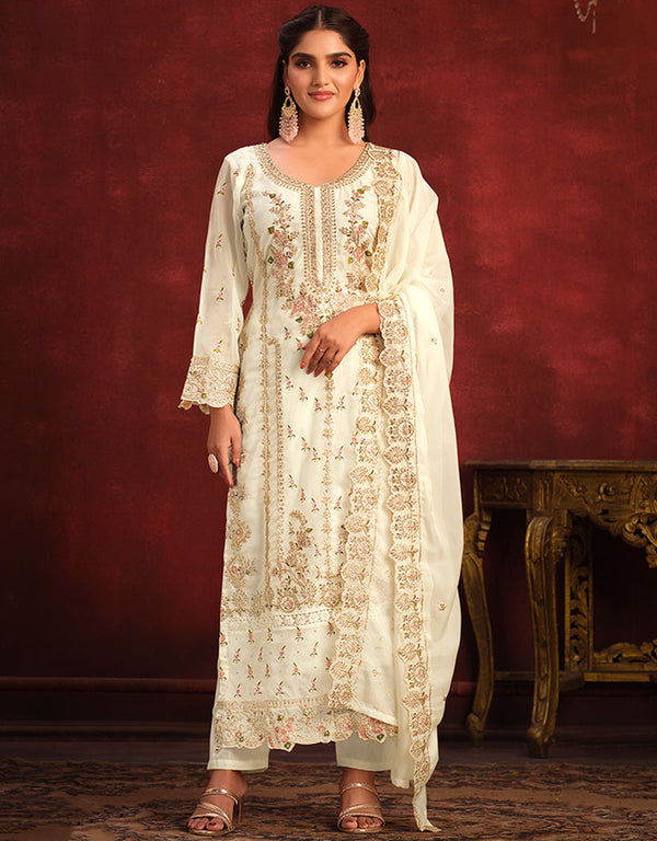 Traditional Party Wear Viscose Organza Salwar Suit White Rock Viscose Organza Pant Straight Front View