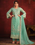 Traditional Party Wear Viscose Organza Salwar Suit Summer Green Viscose Organza Pant Straight Front View