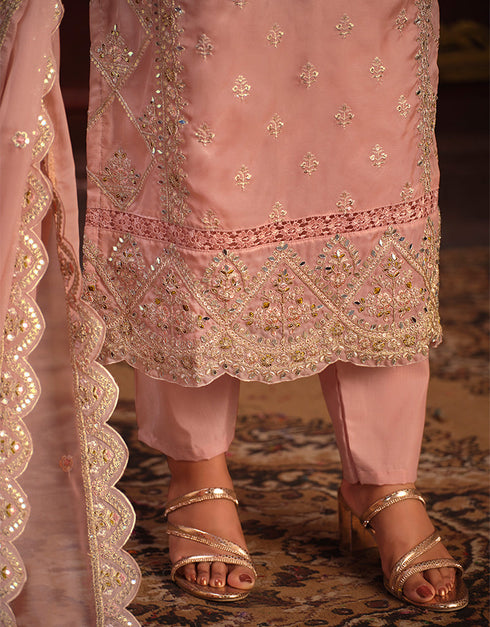 Traditional Party Wear Viscose Organza Salwar Suit Brownish Pink Viscose Organza Pant Straight Side View