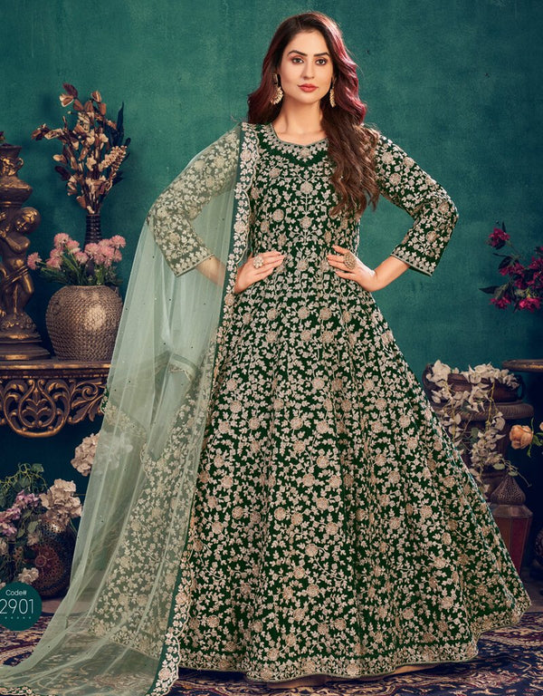 Royal Green Anarkali style Suits 9000 Velvet Salwar Kameez in Embroidery, Stone and Lace Work