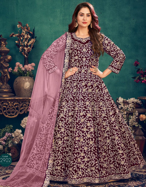 Dark Purple Anarkali style Suits 9000 Velvet Salwar Kameez in Embroidery, Stone and Lace Work