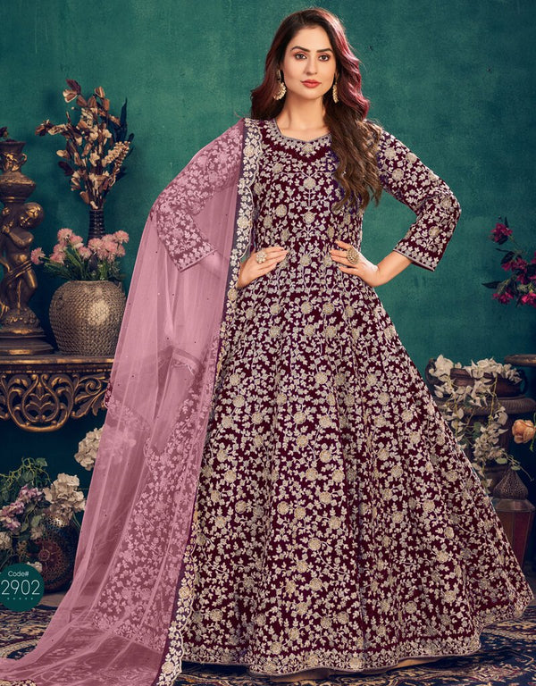 Dark Purple Anarkali style Suits 9000 Velvet Salwar Kameez in Embroidery, Stone and Lace Work