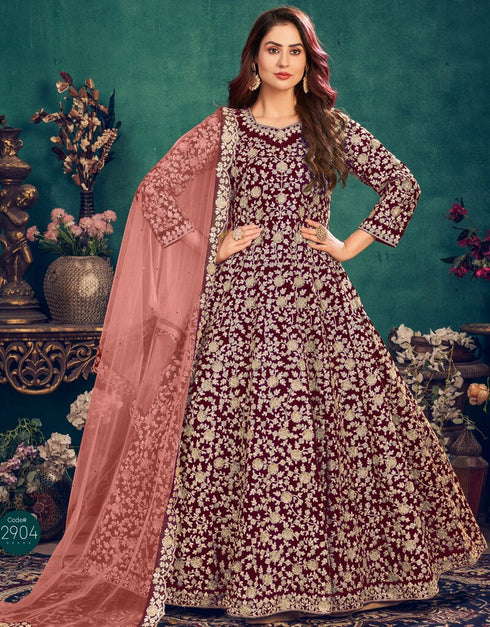 Maroon Anarkali style Suits 9000 Velvet Salwar Kameez in Embroidery, Stone and Lace Work