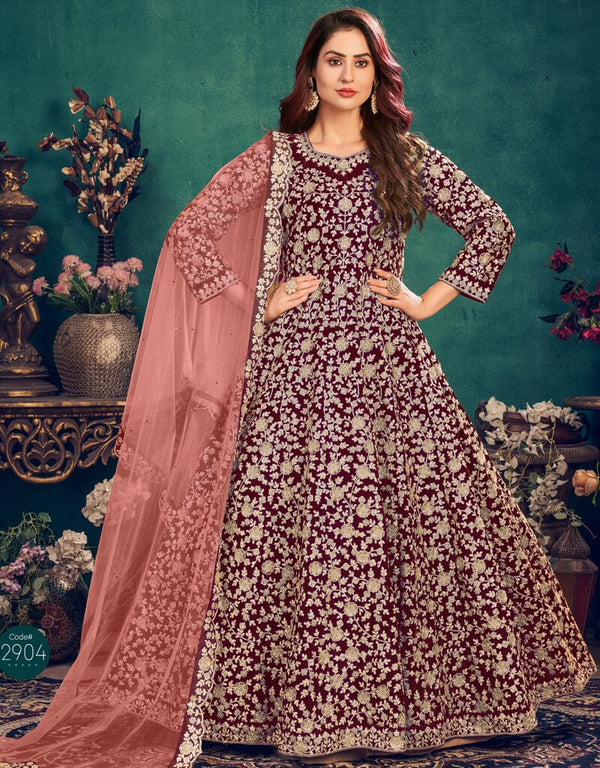 Maroon Anarkali style Suits 9000 Velvet Salwar Kameez in Embroidery, Stone and Lace Work