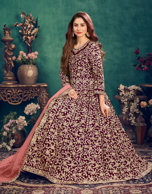 Maroon Anarkali style Suits 9000 Velvet Salwar Kameez in Embroidery, Stone and Lace Work Closure View Embroidery